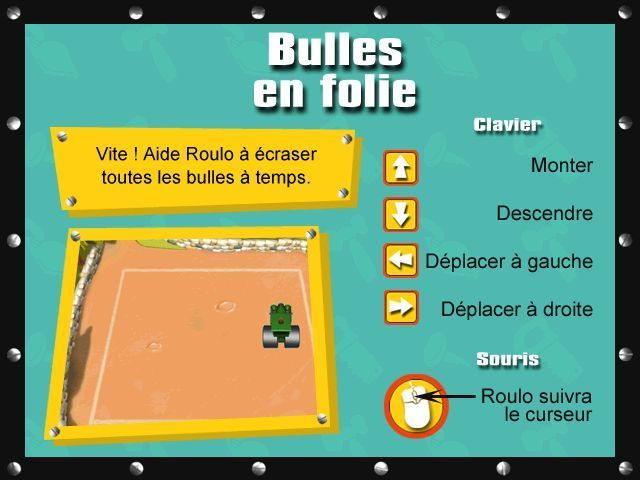 Bob the Builder: Can We Fix It? (Windows) screenshot: All mini games have some basic instructions. Here it's about steering the steamroller around the square flattening the bubbles. <br><br>(French release)