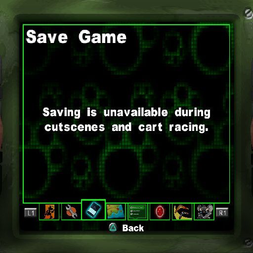 Ty the Tasmanian Tiger 2: Bush Rescue (PlayStation 2) screenshot: The pause menu as seen in Cart Racing. Only the four leftmost icons at the bottom are available here, they are exit, game settings - sound etc, save game, and the course map