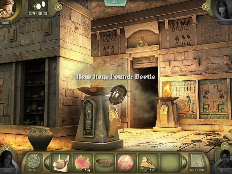 Escape the Lost Kingdom (Collector's Edition) (Windows) screenshot: The player has just completed a hidden object search in the cupboard on the left. Some of the items found are added into the inventory. The inventory numbers show how many of each object must be found