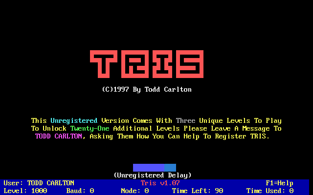 Tris (DOS) screenshot: Title screen... and delay