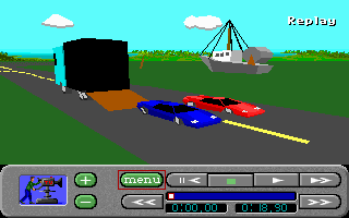 Stunts (DOS) screenshot: Off the truck (sailboat on land?)