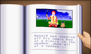 M.C. Kids (DOS) screenshot: Introduction: Any guesses that the storybook is magically enchanted?