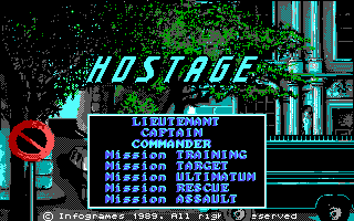 Hostage: Rescue Mission (DOS) screenshot: Title and menu (EGA)