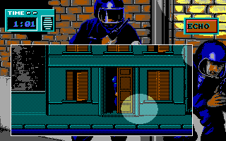 Hostage: Rescue Mission (DOS) screenshot: You can utilize open doors to avoid being spotted (EGA).