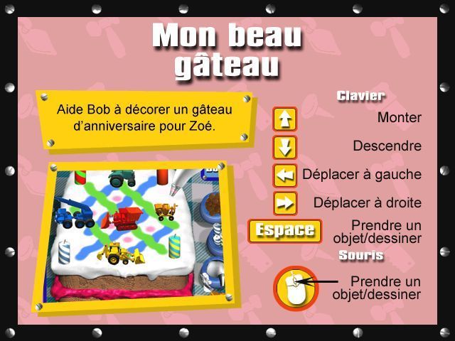 Bob the Builder: Can We Fix It? (Windows) screenshot: The instructions for "Cake-tastic!<br>All games are either keyboard or mouse controlled<br><br>(French release)