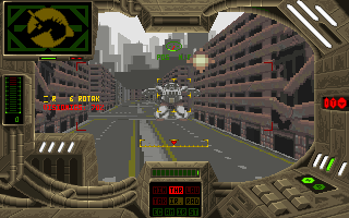 Iron Assault (DOS) screenshot: Met another steel walker on the street.
