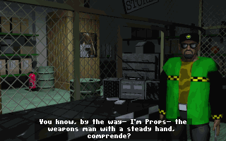 Shellshock (DOS) screenshot: Props, the weapons man, will give you the most sophisticated weapons for your tank - as long as you pay for it.