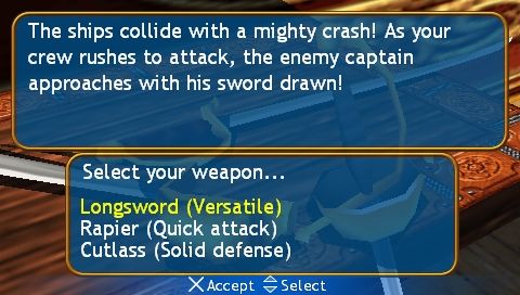 Sid Meier's Pirates! (PSP) screenshot: Weapon choices before boarding the enemy's ship but also you can choose them before any duel.