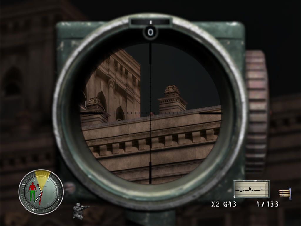 Sniper Elite (Windows) screenshot: Enemy sniper on the roof