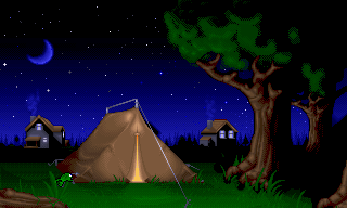 M.C. Kids (DOS) screenshot: Introduction: Mick and Mack camping out in the back yard.