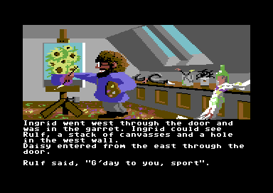 Ingrid's Back! (Commodore 64) screenshot: Brits will recognise the Rolf Harris parody