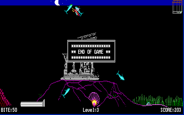 Alive Sharks (DOS) screenshot: After 50 bites, you are dead. Game over.