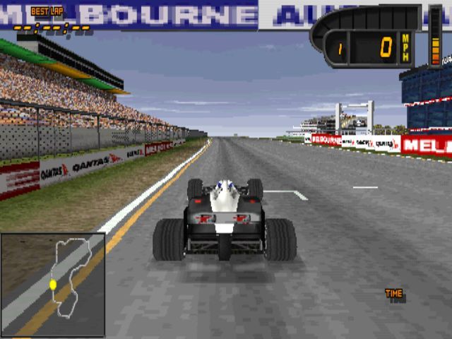 Formula 1 98 (PlayStation) screenshot: On the starting grid at Adams Park, Melbourne in a McClaren