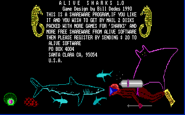 Alive Sharks (DOS) screenshot: Yeah, the good old time where you could read shareware messages...