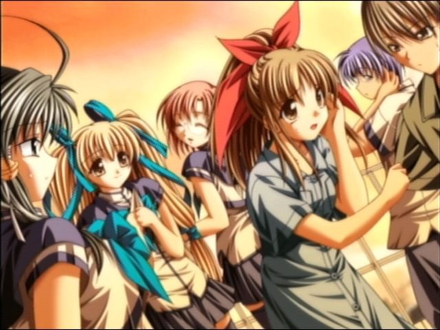 Sora o Mau Tsubasa: Blue-Sky-Blue[s] (Dreamcast) screenshot: Everybody's gathering around