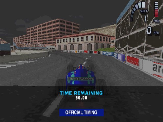 Formula 1 98 (PlayStation) screenshot: Starting a Grand Prix practice session in Monte Carlo in the rain