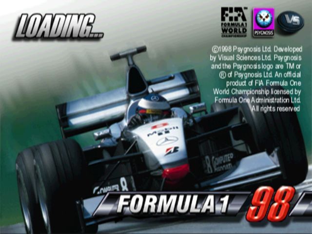 Formula 1 98 (PlayStation) screenshot: The game's title screen<br>After this there's an animated introduction which runs for a while then this screen reappears with a progress bar as the game itself loads