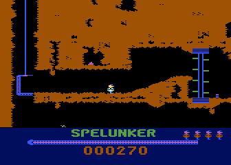 Spelunker (Atari 8-bit) screenshot: Taking the elevator into the cave.