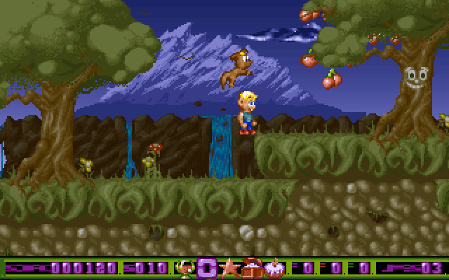 Doofus (DOS) screenshot: Doofus can jump higher than a boy.