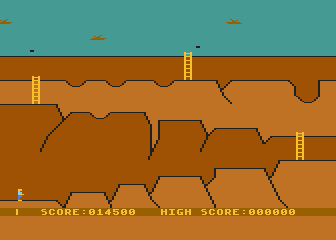 Canyon Climber (Atari 8-bit) screenshot: Level 3 - jump the pits and dodge the falling bricks.