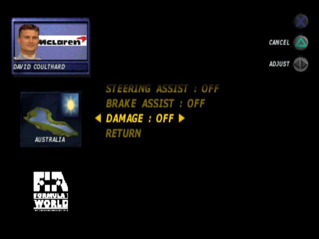 Formula 1 98 (PlayStation) screenshot: The player has access to many configuration options prior to a race but, as with all menus in this game, most are hidden from view