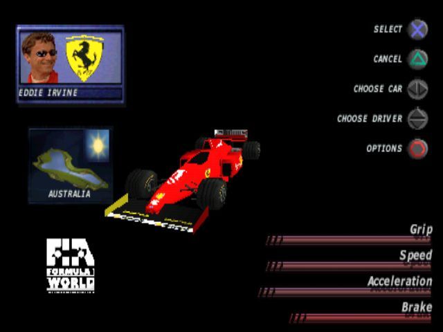 Formula 1 98 (PlayStation) screenshot: This is the screen where the player selects the driver and car. The left.right keys scroll through the list and the displayed car rotates slowly