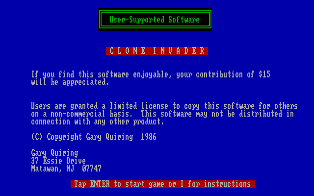 Clone Invader (DOS) screenshot: Intro screen - 1986 CGA-only release.