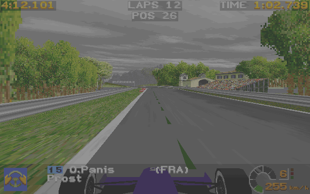 Prost Grand Prix 1998 (DOS) screenshot: TV camera view. The green dotted line is the ideal trajectory.