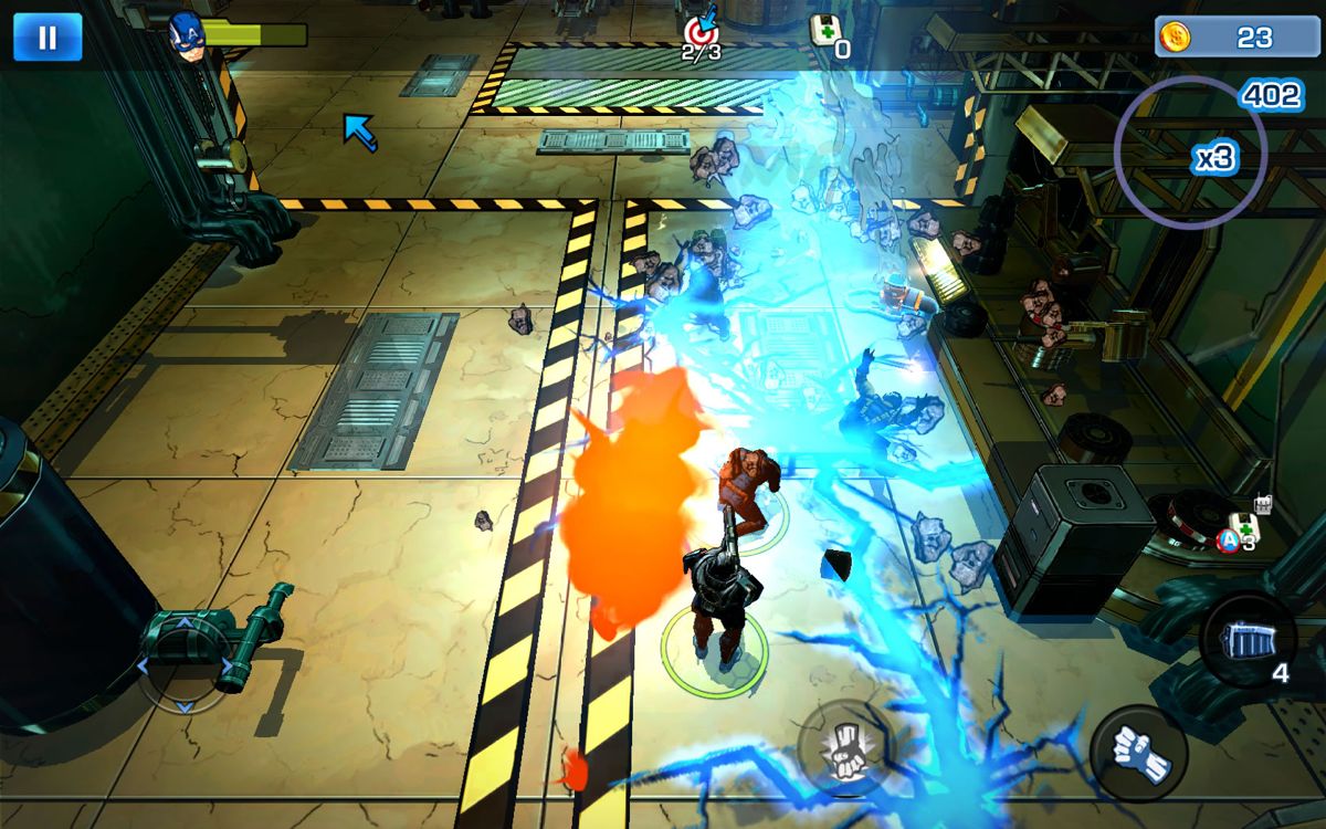 Captain America: The Winter Soldier (Windows Apps) screenshot: By activating a hazard all the enemies are electrocuted.