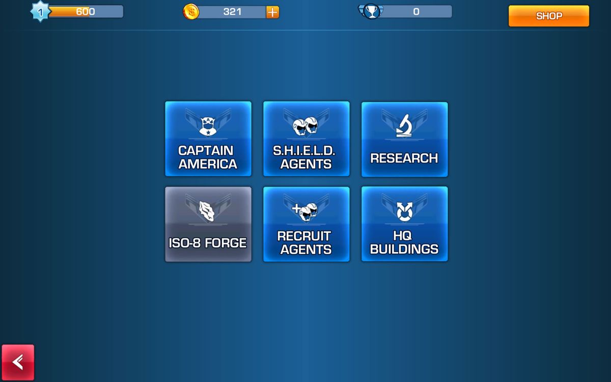 Captain America: The Winter Soldier (Windows Apps) screenshot: The main divisions to manage and upgrade the agents.