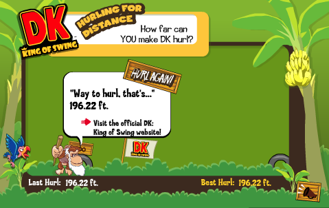 DK: King of Swing - Hurling for Distance (Browser) screenshot: My distance. Guess I did pretty good if Cranky Kong is complimenting me.
