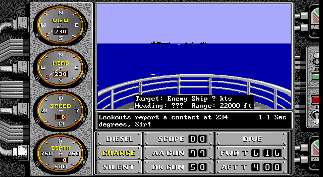 Sub Battle Simulator (DOS) screenshot: The view on the surface (EGA)