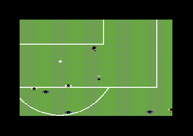 Dribbling (Commodore 64) screenshot: The keeper puts the ball back in play.