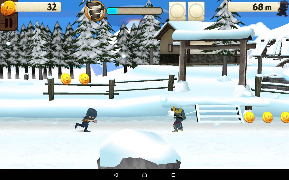 Mini Ninjas (Android) screenshot: Running through the snow with the standard Hiro outfit.