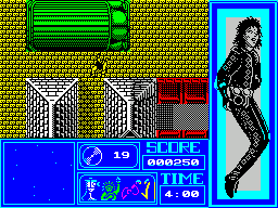 Moonwalker (ZX Spectrum) screenshot: A different part of the level. Even though Michael died after collecting the key, the lower part of the screen still shows a tick in its place so there's no need to go looking for it again
