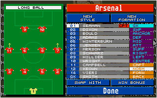 Championship Manager: End of 1994 Season Data Up-date Disk (DOS) screenshot: Tactics screen