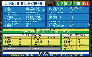 Championship Manager: End of 1994 Season Data Up-date Disk (DOS) screenshot: One of the new players.
