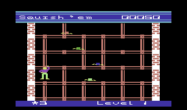 Squish 'em (Commodore 64) screenshot: Climbing the building.