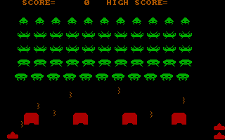 Clone Invader (DOS) screenshot: The battle commences! - 1986 CGA-only release.