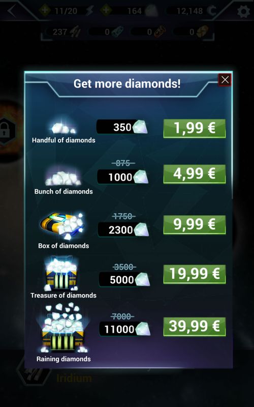 Anno 2205: Asteroid Miner (Android) screenshot: In-app purchases for additional diamonds
