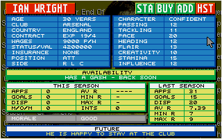 Championship Manager: End of 1994 Season Data Up-date Disk (DOS) screenshot: Player profile (showing last years performance)