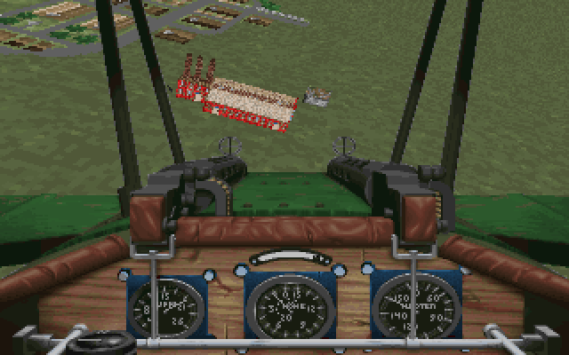 Wings of Glory (DOS) screenshot: Bombing a munitions factory with the Fokker Dr.I triplane.