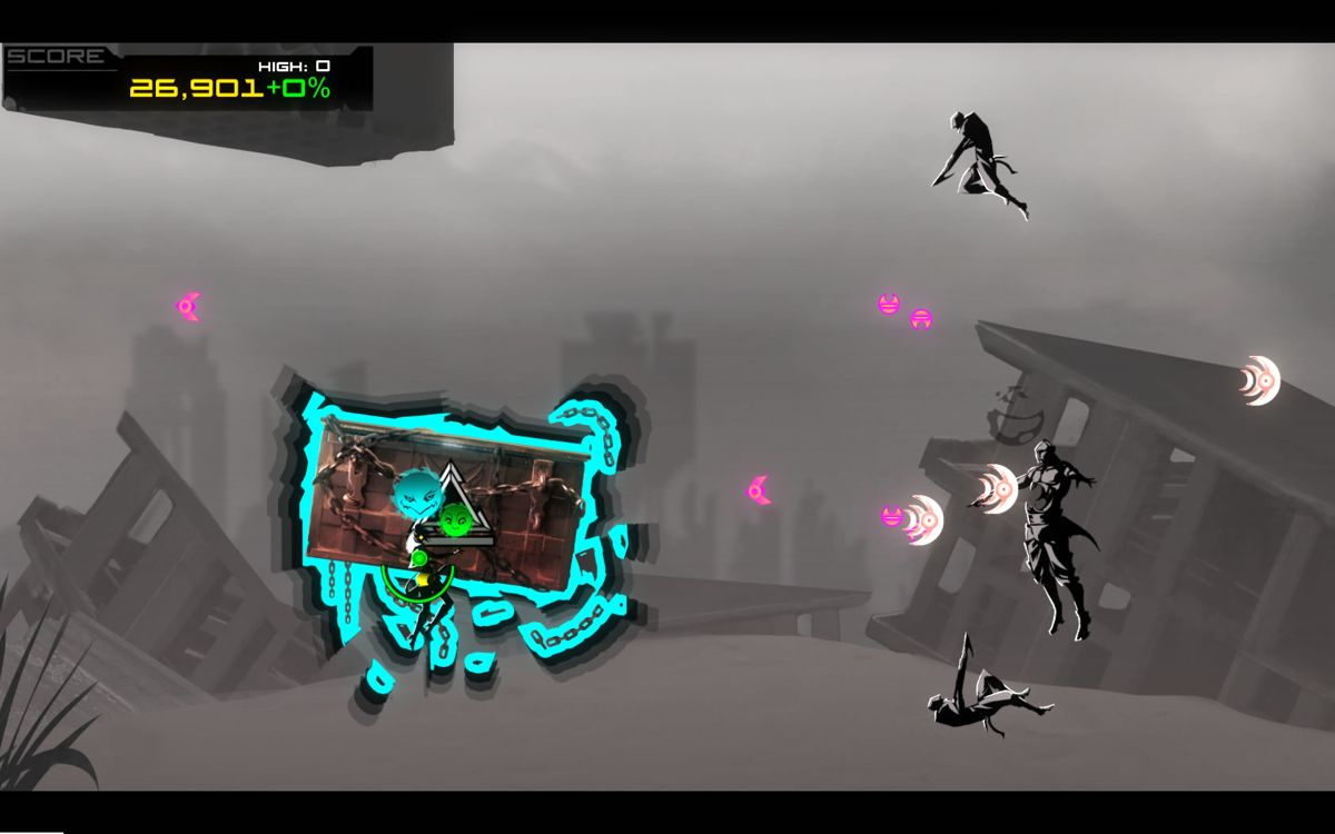 A City Sleeps (Windows) screenshot: The game slows down and changes colour to shades of grey as Poe switches between the ghosts to assign to this idol.