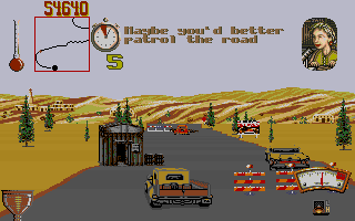 Moonshine Racers (DOS) screenshot: Bypassing road blocks and a shack.