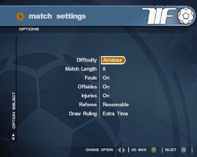 World Tour Soccer 2002 (PlayStation 2) screenshot: The game customisation menu<br>There are four levels of difficulty and maximum match length is 20 minutes