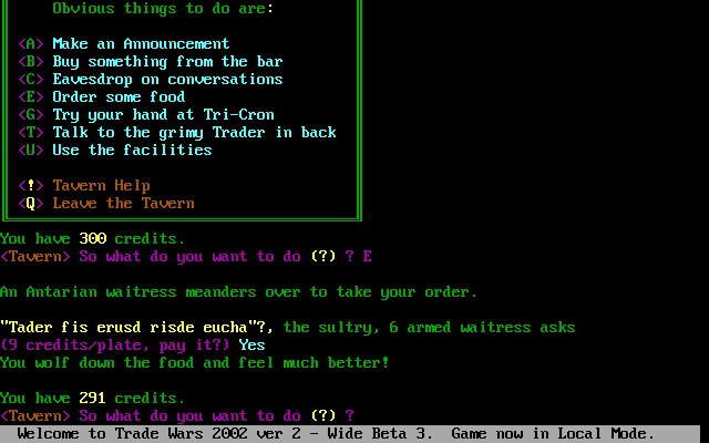 Trade Wars 2002 (DOS) screenshot: Tavern options