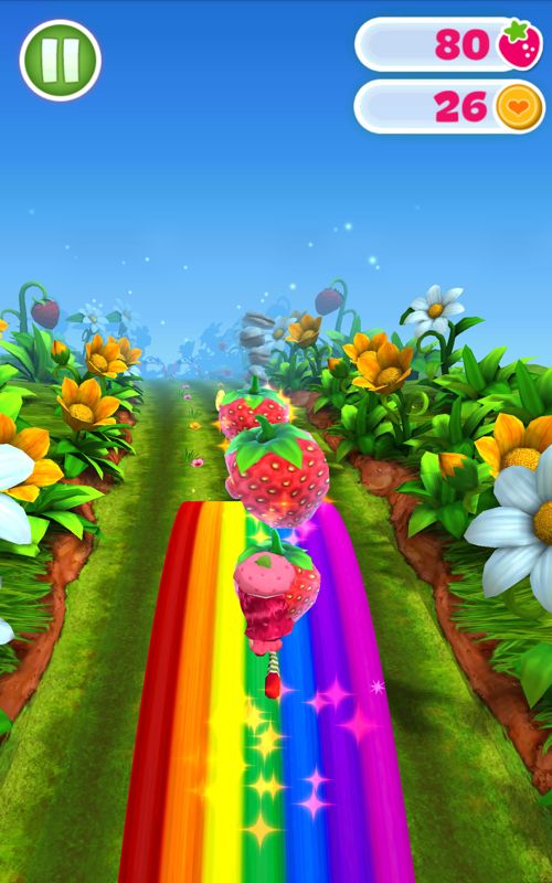 Strawberry Shortcake: Berry Rush (Android) screenshot: Riding a rainbow after picking up a power-up.