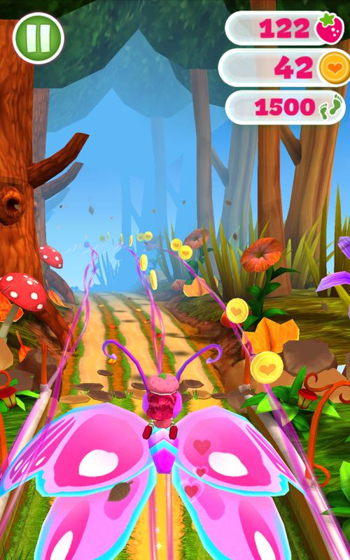 Strawberry Shortcake: Berry Rush (Android) screenshot: Fly and collect coins with the butterfly power-up.