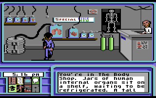 Neuromancer (Commodore 64) screenshot: The body shop