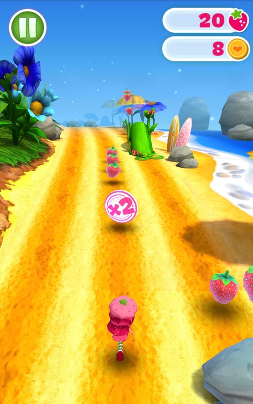 Strawberry Shortcake: Berry Rush (Android) screenshot: Approaching a power-up that doubles the amount of collected fruit.